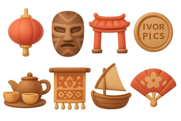 Icon set depicting traditional asian elements in soft clay style