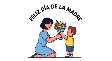 A mother and son exchange a bouquet of flowers on Mother's Day, a heartwarming illustration.