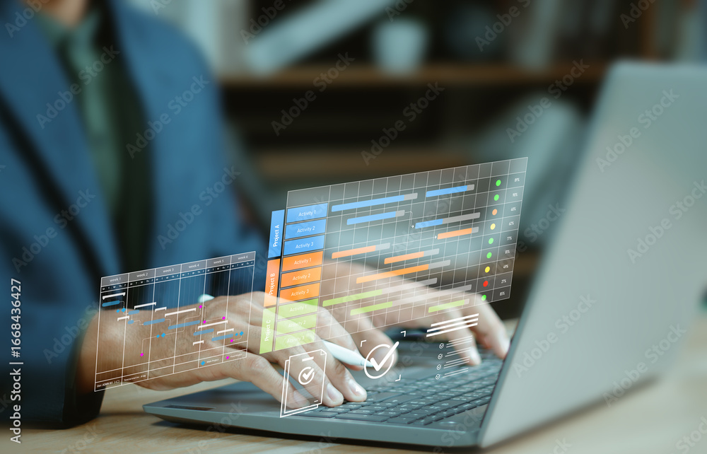 Poster businessperson project management with gantt chart on laptop and tablet, showing task scheduling, ac