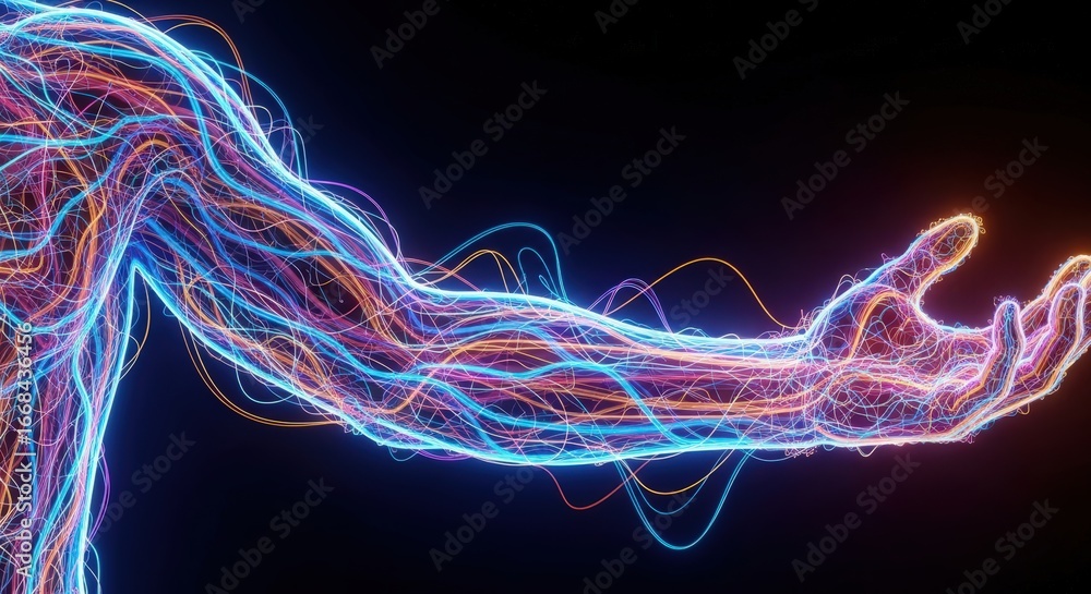 Poster abstract representation of a human arm illuminated with colorful light trails against a dark backgro
