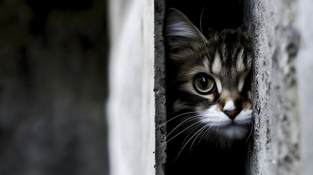 Curious striped kitten peeking from a dark hiding spot, symbolizing curiosity, secrecy, or animal welfare themes - Powered by Adobe