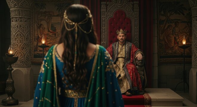 A woman in an old dress stands before the king on the throne. Biblical scene: Esther approaches Artaxerxes, and Salome approaches King Herod.