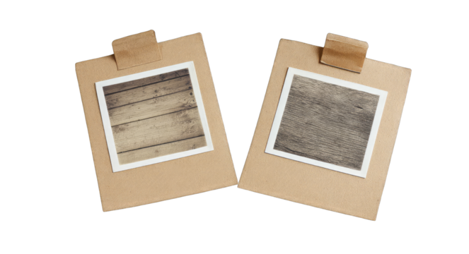 Two cardboard photo frames with wooden texture images