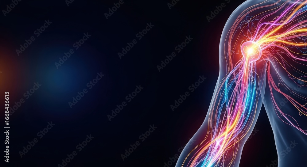 Poster abstract representation of a human leg with colorful neural pathways glowing against a dark backgrou