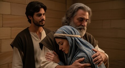 Older man embraces a young woman in ancient attire while another man observes. Biblical scene depicting comfort and family bond.