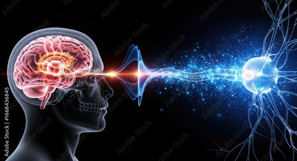 Poster a human brain visually connected to a glowing neuron, illustrating neural communication and thought