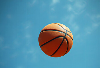 Basketball in Motion Against a Clear Blue Sky, Illustration for Sports and Fitness Themes