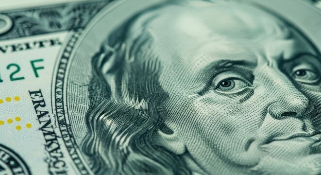 A macro shot highlights the details of a hundred dollar bill