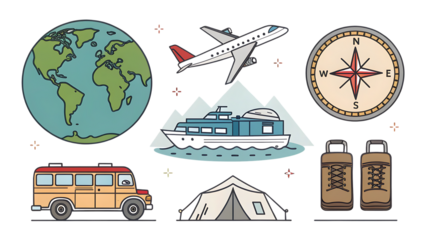 Colorful Flat Icons Representing Global Travel and Adventure