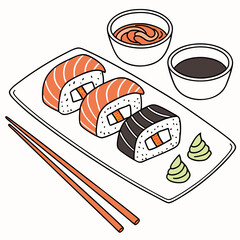 A plate of sushi in cartoon style illustration © MdAnas