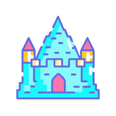 Colorful ice castle illustration in vibrant blue and pink tones  
