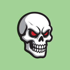 Evil skull mascot with glowing red eyes and sharp teeth, ideal for gaming logo, sports emblem, or horror themed design.