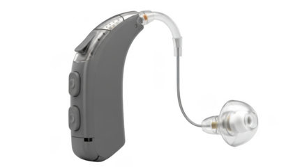 Modern gray behindtheear hearing aid with clear earbud and thin wire, isolated on transparent background