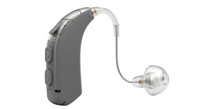 Modern gray behindtheear hearing aid with clear earbud and thin wire, isolated on transparent background
