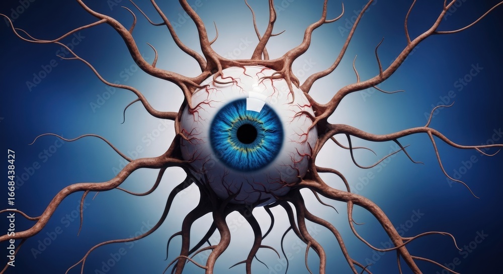 Poster surreal depiction of a large human eye surrounded by intricate, branching structures resembling root
