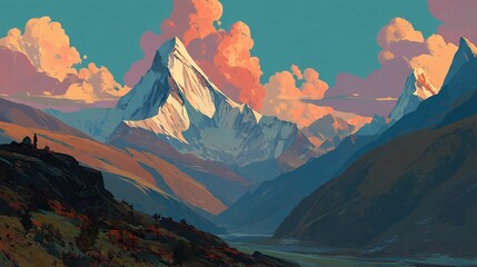 alpine vista with majestic snowy mountains under a radiant pastel sunset, deep valleys between peaks filled with soft shadows, sky bursting with orange, pink, and blue, copy space in upper sky 
