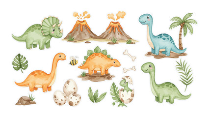 Watercolor illustration featuring dinosaurs, volcanoes, palm tree, bones, eggs, and foliage on a white background.