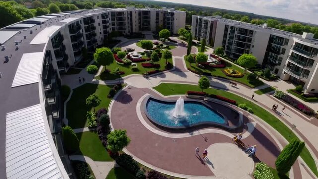 Aerial or Elevated View of Modern Residential Housing Complex or Community Development with Multiple Buildings and Landscaping