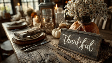 Rustic Thanksgiving table setting with Thankful sign, pumpkins, and flowers creates warm, inviting atmosphere