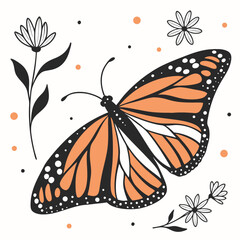 Illustration of a monarch butterfly with orange and black wings isolated on white