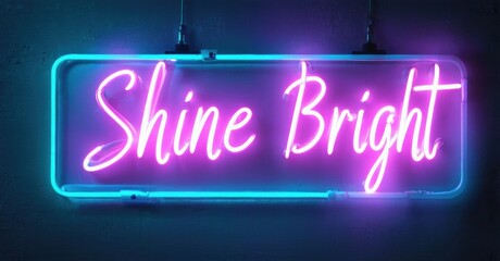 Obraz premium Bright neon sign displays Shine Bright text. Blue wall provides backdrop for vibrant purple illumination. Simple design, modern aesthetic.