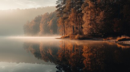 Golden autumn forest reflects in the calm lake as mist rises softly at dawn