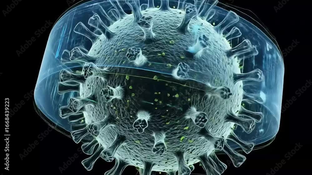 Poster close-up view of a virus structure showcasing spikes and genetic material under a microscope