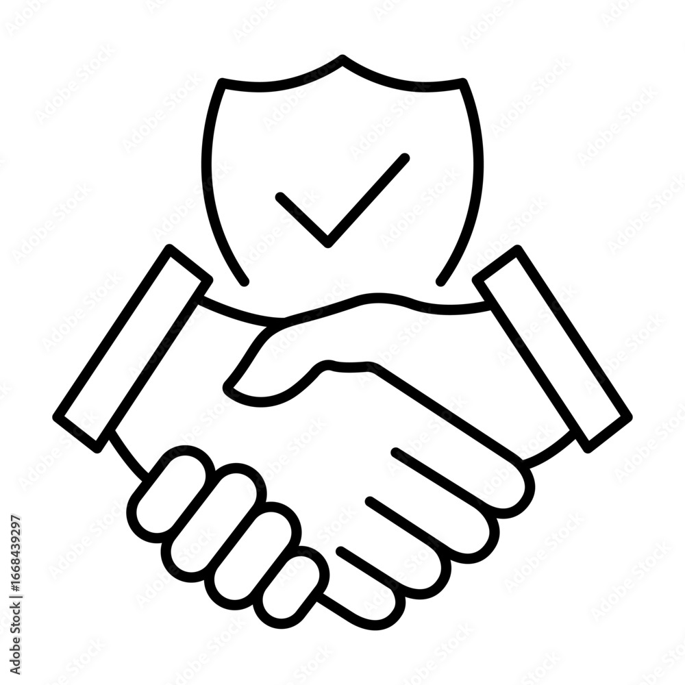 Poster handshake and shield line icon. agreement concept with checkmark. protect secure sign. trust symbol.