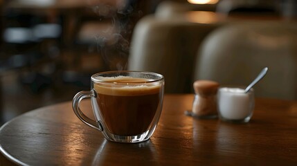 Obraz premium Hot cappuccino in transparent glass cup on table with blurred cafe background.
