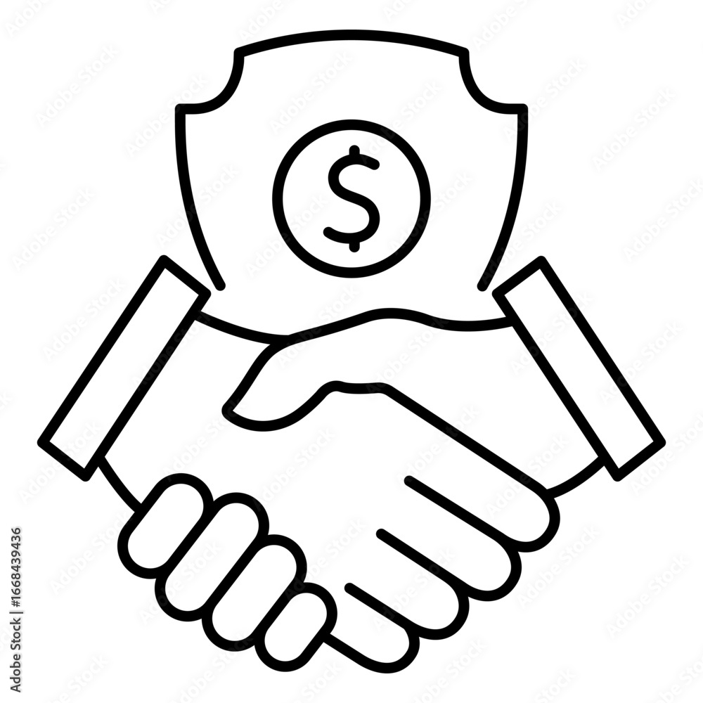 Poster handshake with shield and coin icon. agreement concept. protect secure sign. trust symbol. vector is