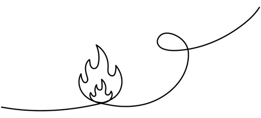 Continuous line drawing fire. Linear burning fire flame. Vector illustration isolated on white.