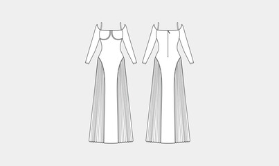 ladies off shoulder flowy long dress vector, technical flat sketch drawing, women's maxi dress, font and back view, apparel sketch