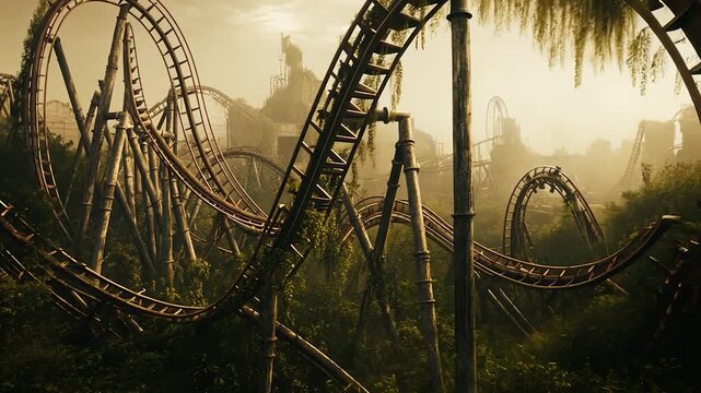 Decaying rollercoaster in overgrown landscape