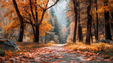 An enchanting autumn forest path covered in vibrant orange leaves stretches towards the distant light
