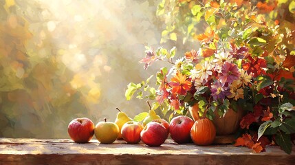 Fruits and flowers in the autumn sun