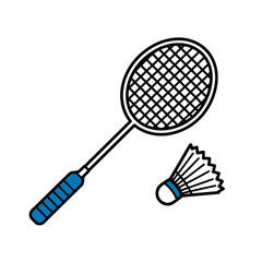 Badminton Racket and Shuttlecock Illustration for Sports and Recreation Concepts Black Outline Design with Blue Accents Isolated on White Background