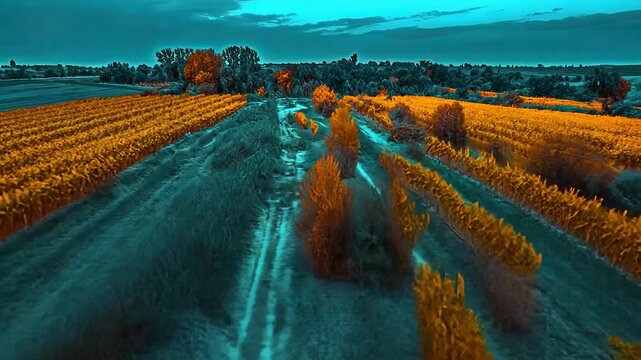 Aerial view of vibrant, stylized farmlands