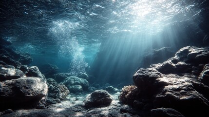 Underwater view of rocky formations and sun rays creating light shafts ocean sunlight