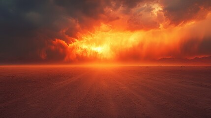 Dramatic fiery sunset over a rugged desert landscape with dark storm clouds and distant mountain silhouettes creating an intense atmospheric scene
