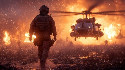 Soldier walking through battlefield with helicopter in the background amidst intense fire and explosions during military operation at night