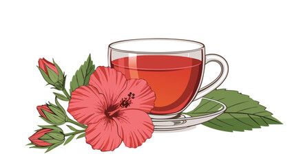 A beautiful herbal infusion made from the exotic red hibiscus flower brewed in a clear glass cup
