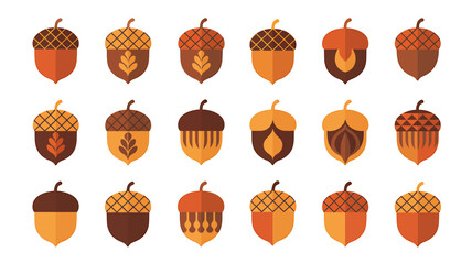Various Acorn Illustrations in Flat Design for Fall and Autumn Themes with Warm Earthy Tones and Intricate Details