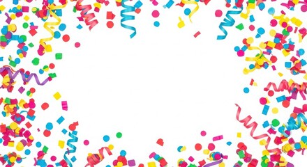 Obraz premium Colorful confetti and streamers framing a blank space for celebration announcements or invitations