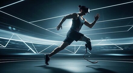 Virtual reality athlete with prosthetic leg sprints through neon circuit track