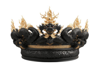 Intricate black and gold dragon crown with fiery embellishments