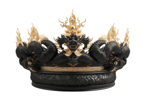 Intricate black and gold dragon crown with fiery embellishments
