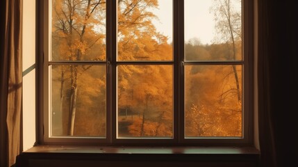 A cozy window view reveals a vibrant golden autumn forest bathed in warm sunlight