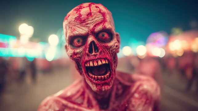 Halloween screaming shock screaming zombie with blood on its face shows shock and horror during halloween event at night with blurred lights
