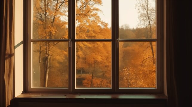A cozy window view reveals a vibrant golden autumn forest bathed in warm sunlight