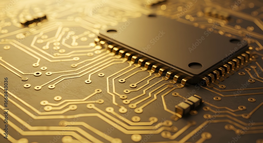 Poster a close-up view of a computer chip resting on a circuit board with golden traces, highlighting the i